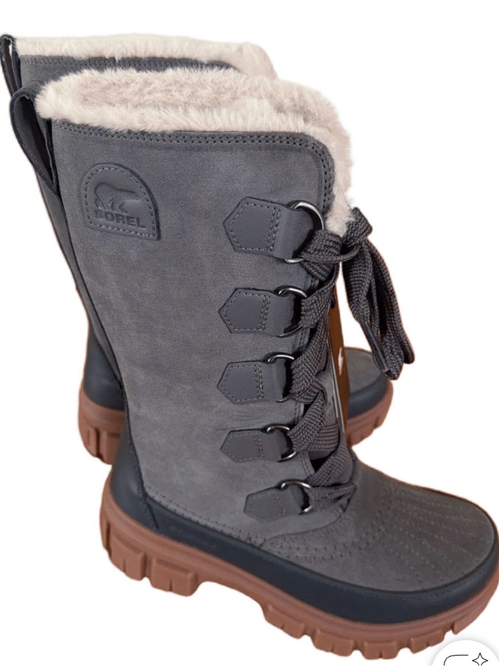 Sorel Gray Suede Fur-Trim Lace-Up Winter Boots with Brown Lug Sole